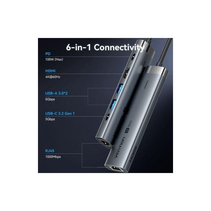 Docking USB Tipo-C Vention TGNHB/ 1xUSB 3.2 Tipo-C/ 2xUSB/ 1xHDMI/ 1xRJ45/ 1xUSB Tipo-C PD 1