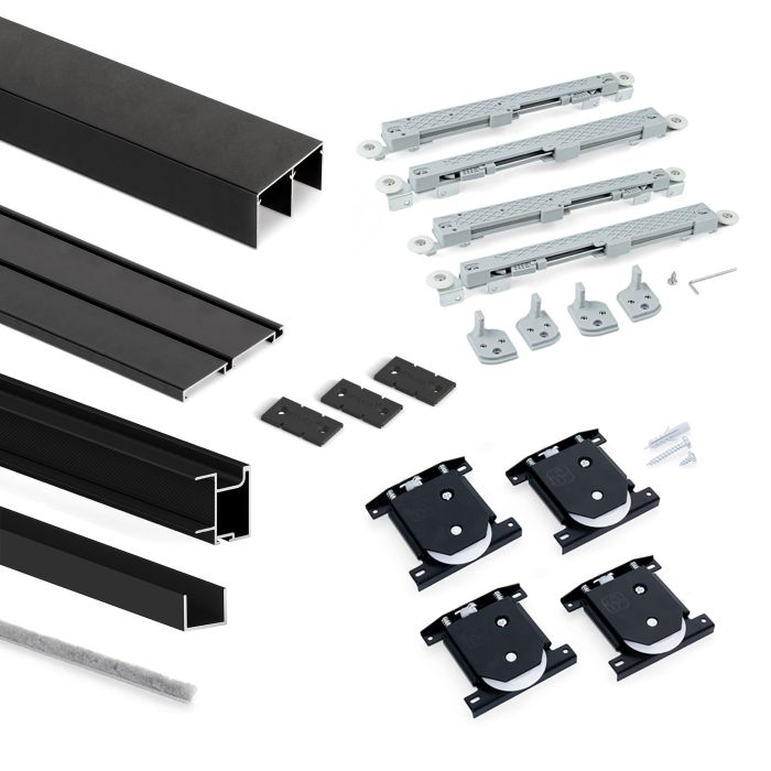 Emuca Kit de herrajes para armario de 2 puertas correderas y cierre suave Placard 74, modelo tirador Sharp, espesor 19mm, tableros no incluidos, Pintado negro 2 Emuca Kit de herrajes para armario de 2 puertas correderas y cierre suave Placard 74, modelo tirador Sharp, espesor 19mm, tableros no incluidos, Pintado negro 2