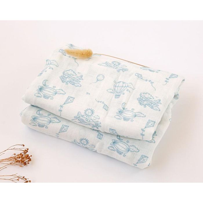 KioKids Muselina Bambú Algodón Estampado Aviones Azul 120x120 cm, 70% Bambú 30% Algodón, 140 gr, para Bebé +0 Meses