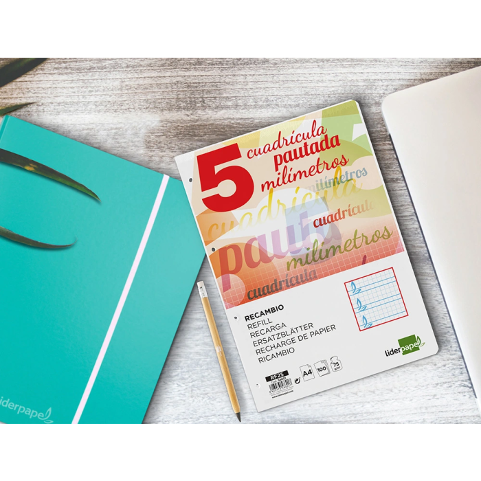 Liderpapel Recambio A4 Pautaguia 100 Hojas 75gr Cuadriculado Pautado 5mm Con Margen 4 Taladros 7