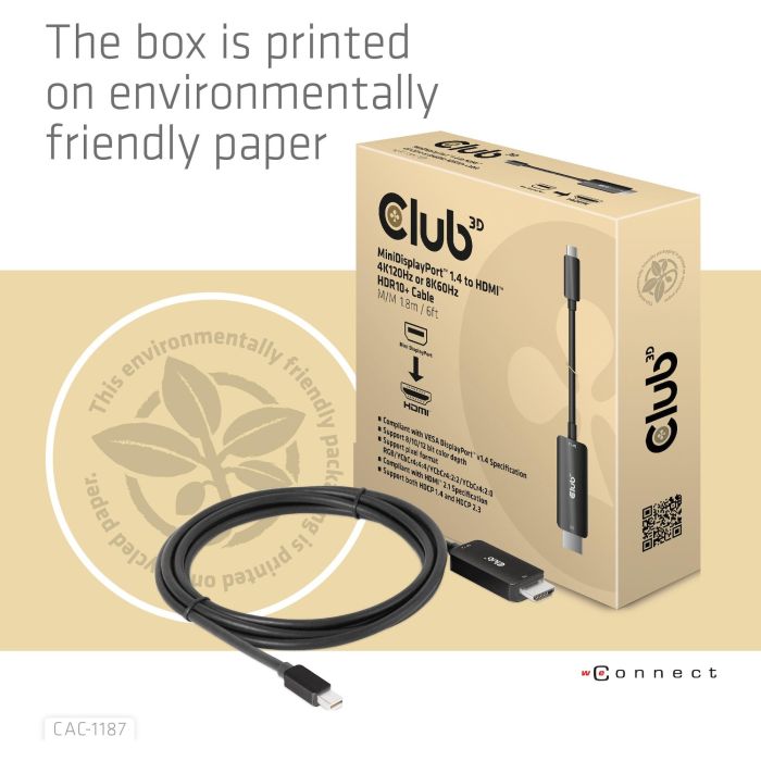 Club3D CAC-1187 Cable Mini DisplayPort 1.4 a HDMI 2.1 Macho/Macho 1.8m, Soporta 8K@60Hz/4K@120Hz, HDR, HDCP 7 Club3D CAC-1187 Cable Mini DisplayPort 1.4 a HDMI 2.1 Macho/Macho 1.8m, Soporta 8K@60Hz/4K@120Hz, HDR, HDCP 7