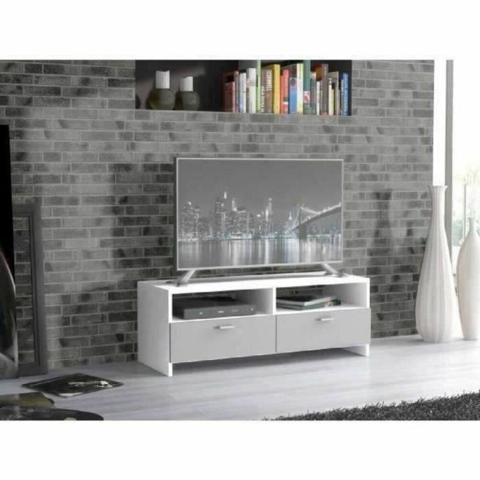 FINLANDEK Mueble TV HELPPO Contemporáneo Tablero de Partículas Gris y Blanco con 2 Solapas y 2 Huecos - 95 cm Ancho 1 FINLANDEK Mueble TV HELPPO Contemporáneo Tablero de Partículas Gris y Blanco con 2 Solapas y 2 Huecos - 95 cm Ancho 1