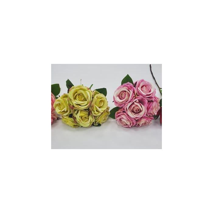 DKD Home Decor Ramo Artificial de 6 Rosas Decorativas, Amarillo y Rosa, Poliéster y PE, 20x22x20 cm (Pack 12 Unidades)