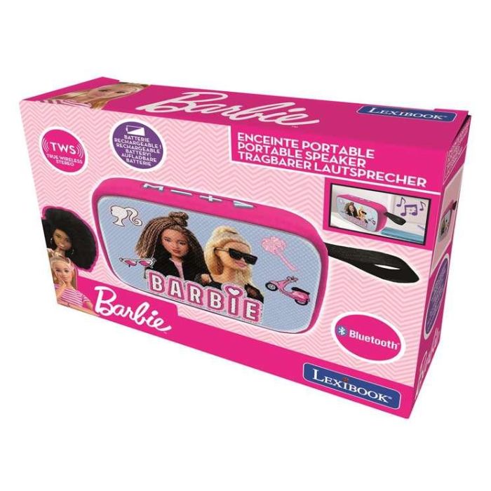 Lexibook Altavoz Portátil Bluetooth Barbie con Acabado de Tela, 12x4x8 cm