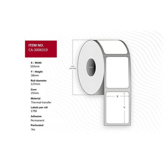 Capture Label 102 x 38mm, Core 25mm, Thermal Transfer, Coated, Permanent, Perforated, 1790 labels per roll, 12 rolls per box. Equal to p/n: 3006319 Capture Label 102 x 38mm, Core 25mm, Thermal Transfer, Coated, Permanent, Perforated, 1790 labels per roll, 12 rolls per box. Equal to p/n: 3006319