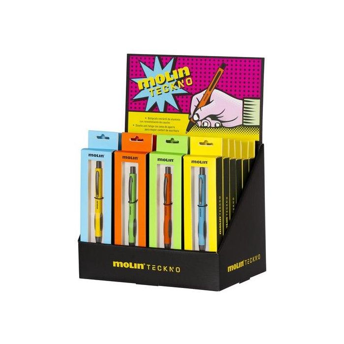 Boligrafo Molin Teckno Expositor De 24 (6X Naranja, 6X Amarillo, 6X Verde, 6X Azul)