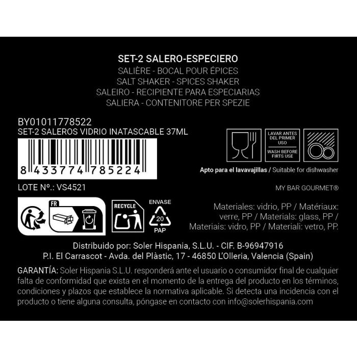 Set de 2 saleros de vidrio con tapa inatascable 37 ml - My Bar por Inde (24 Unidades) 10 Set de 2 saleros de vidrio con tapa inatascable 37 ml - My Bar por Inde (24 Unidades) 10