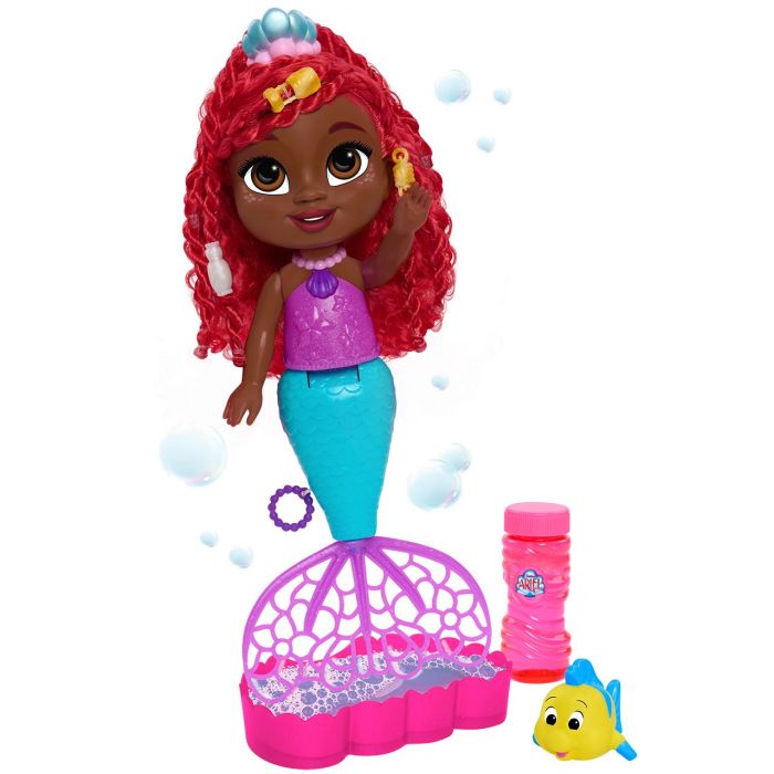 Just Play 39902 Muñeca Sirena Princesa Ariel Disney Junior Bubbles, Sonido y Canción 'Shimmer', Figura Flounder y Solución Burbujas 30cm