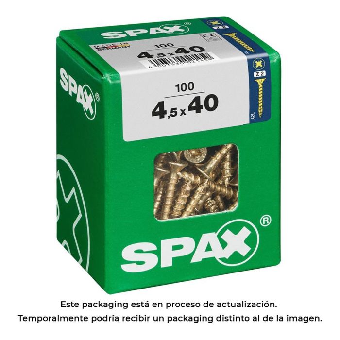 Spax Tornillo madera cabeza plana 4,5x40mm, rosca completa, yellox, ranura en cruz z2, 4cut, 100 unid. - 4081020450407 Spax Tornillo madera cabeza plana 4,5x40mm, rosca completa, yellox, ranura en cruz z2, 4cut, 100 unid. - 4081020450407