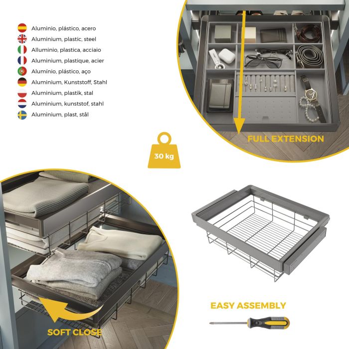Emuca Kit de cajón de alambre y bastidor regulable Quartz para armarios, guías de cierre suave y extracción total, Módulo 70cm, Acabado Titanio 6