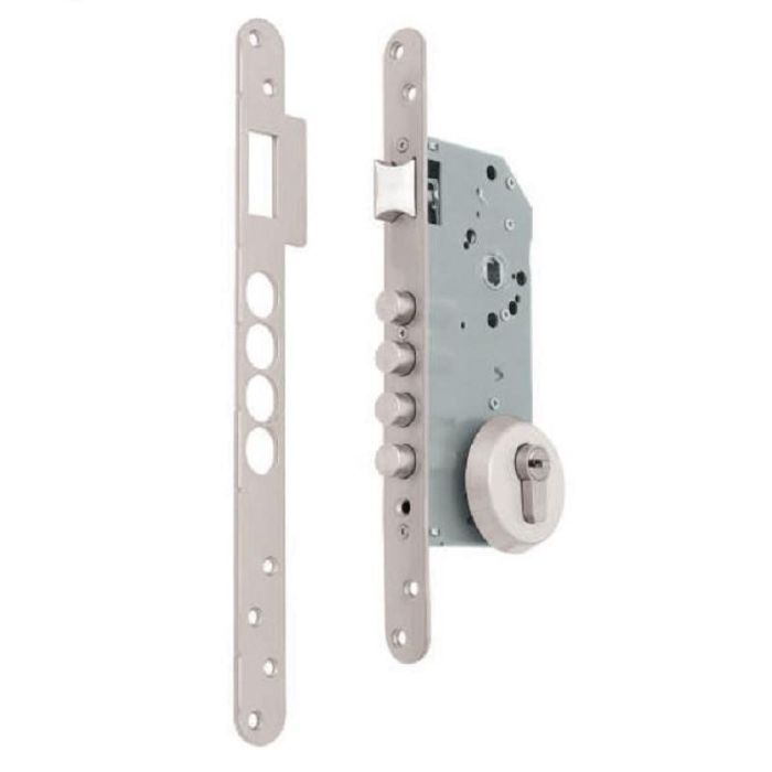 TESA R100Br566C Cerradura de Embutir con 4 Bulones de Acero Niquelado Ø14mm, Caja Abierta, Acabado Cromo, Escudo E700L y Cilindro T60