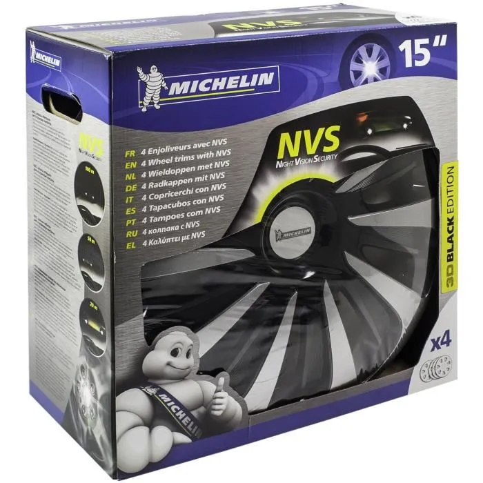 Michelin Cubierta de Rueda 15 NVS 3D Lote 4 Tapacubos ABS Bicolor Acabado Brillante Seguridad Visibilidad Nocturna Ruedas 15'' 3