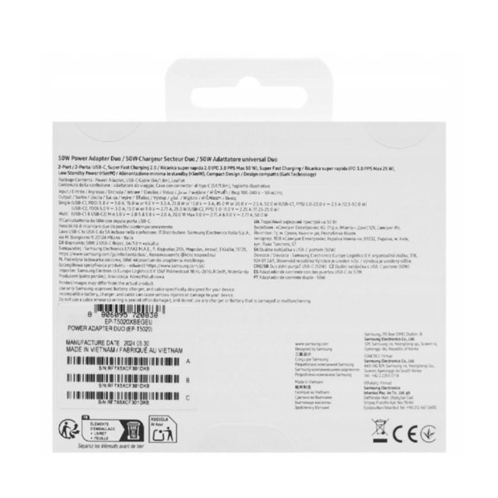 Samsung Cargador 50W Duo (2x USB-C) Super Fast Charging 2.0 con Cable USB-C 1.8m Negro para Smartphones y Tablets 5