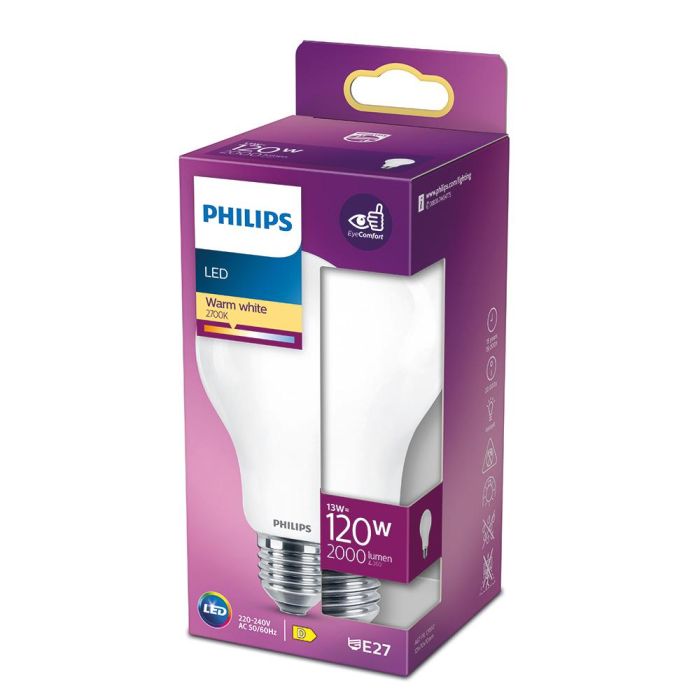 Philips Bombilla LED Standard E27 13W 2000 lm 2700K Luz Cálida Equivalente 120W No Regulable 360° Cristal Mate Ø7x12,1cm 1