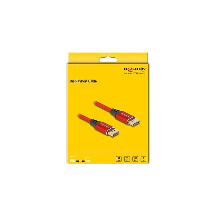 DeLOCK Cable DisplayPort a DisplayPort 2.1, 16K 15360x8640 60Hz, 2m, Macho/Macho, Rojo, 3 Capas Blindaje, 40 Gbit/s (DP Cable) 1 DeLOCK Cable DisplayPort a DisplayPort 2.1, 16K 15360x8640 60Hz, 2m, Macho/Macho, Rojo, 3 Capas Blindaje, 40 Gbit/s (DP Cable) 1