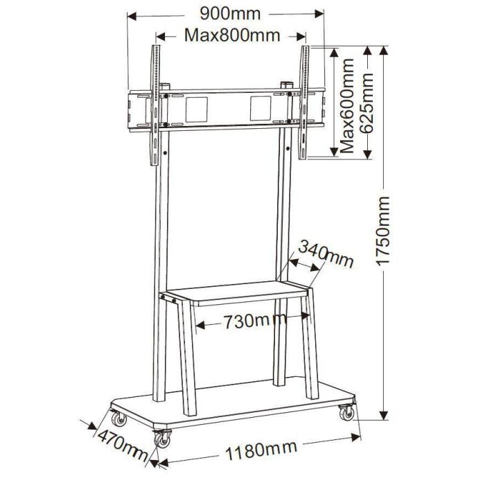 Vivolink Soporte móvil trolley con ruedas para pantallas 42" a 100" máx. 150kg VESA con estante medios 3 Vivolink Soporte móvil trolley con ruedas para pantallas 42" a 100" máx. 150kg VESA con estante medios 3
