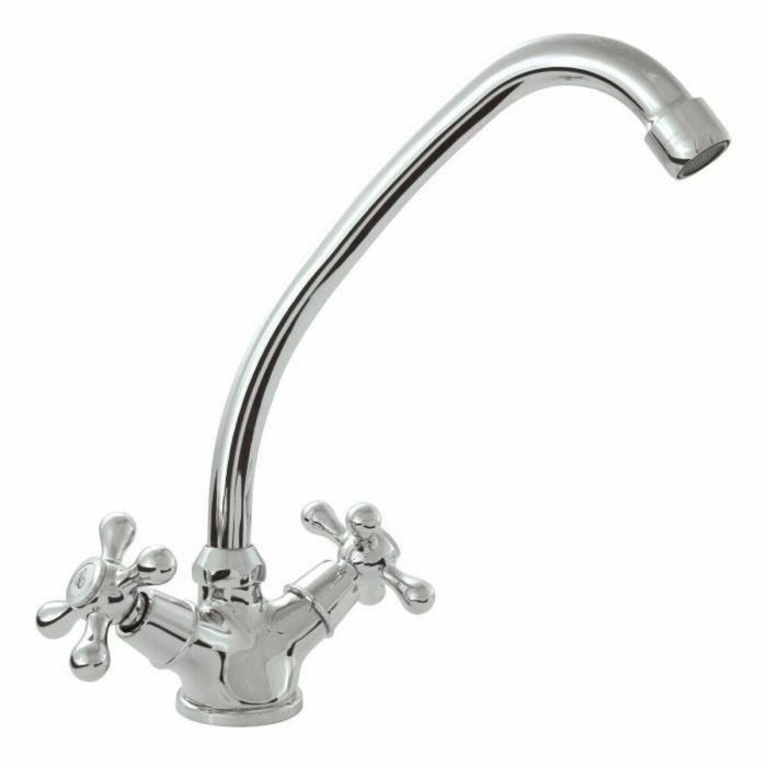 ROUSSEAU Grifo de Cocina Mezclador Beverly Estilo Retro Sin Ducha de Mano Latón Gris Cromado con Aireador Ahorro Agua y Cabezal Cerámica 1/4 Vuelta