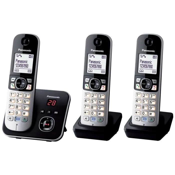Panasonic Teléfono Inalámbrico DECT KX-TG6823 Trío con Contestador Automático - Plateado y Negro