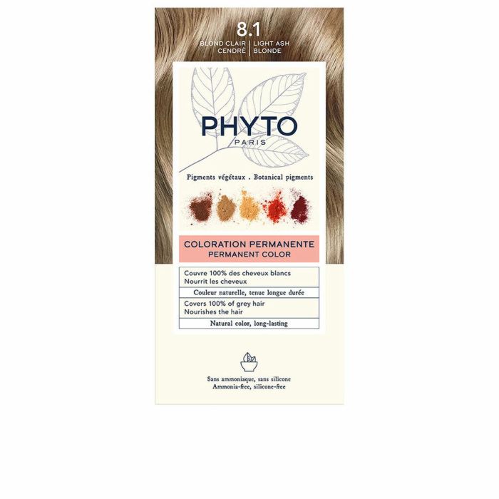 Phyto #8.1 Tinte de Pelo Rubio Claro Cendre Permanente, Pigmentos Vegetales, Sin Amoniaco, Cubre Canas 100%, Con Monoï y Jojoba 4 uds.