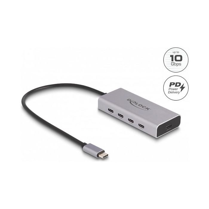 DeLOCK USB Type-C Hub con 4 puertos USB-C + 1 USB-C PD 85W, 10 Gbps (USB 3.2 Gen 2), Aluminio, Cable 30cm 1 DeLOCK USB Type-C Hub con 4 puertos USB-C + 1 USB-C PD 85W, 10 Gbps (USB 3.2 Gen 2), Aluminio, Cable 30cm 1