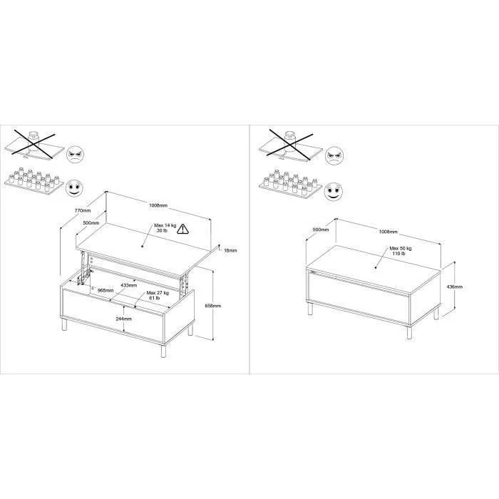 Parisot Mesa de centro elevable MORPHOS MORPHOS0400TABA Rectangular Blanco/Roble L 100 x P 50 x H 43,6 cm 5
