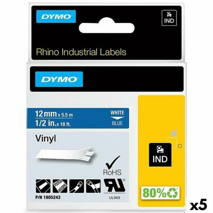 Cinta Laminada para Rotuladoras Rhino Dymo ID1-12 Azul Blanco 12 x 5,5 mm Autoadhesivas Vinilo (5 Unidades)