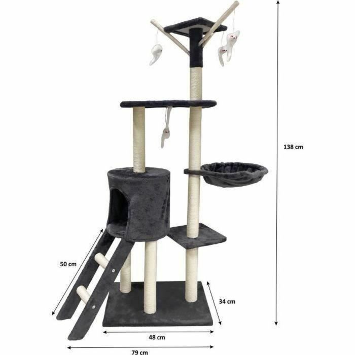 JIPSY Rascador para gatos gris oscuro 79 x 34 x 138 cm - 3 plataformas, 1 percha, 1 perrera, 1 escalera, postes rascadores 1