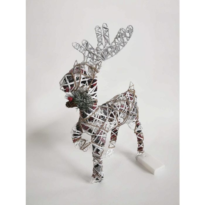 DKD Home Decor Reno de Navidad Alpina, Figura Decorativa LED de Ratán, Colores Natural, Blanco y Plateado, 3 Pilas AA, 14x40x30 cm
