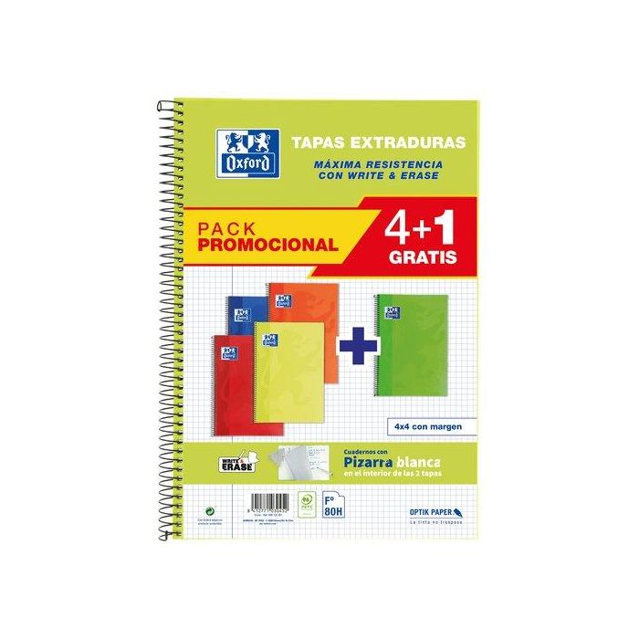 Bloc Oxford School Tapa Extra Fº 80H Cuadric.4X4 90G Pack 4+1 (Col. Vivos)