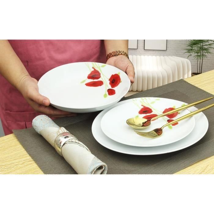 Servicio de mesa de porcelana de 18 piezas Amapola roja y blanca 1 Servicio de mesa de porcelana de 18 piezas Amapola roja y blanca 1