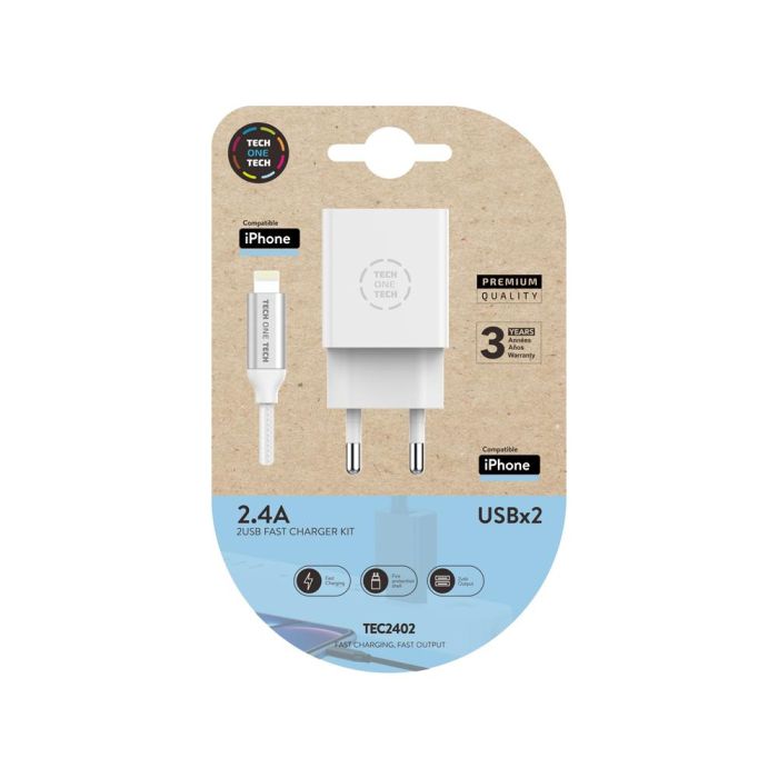 Cargador Doble Blanco+Cable Braided Nylon Lightning Para Apple, Alto Rendimiento2,4ª 1