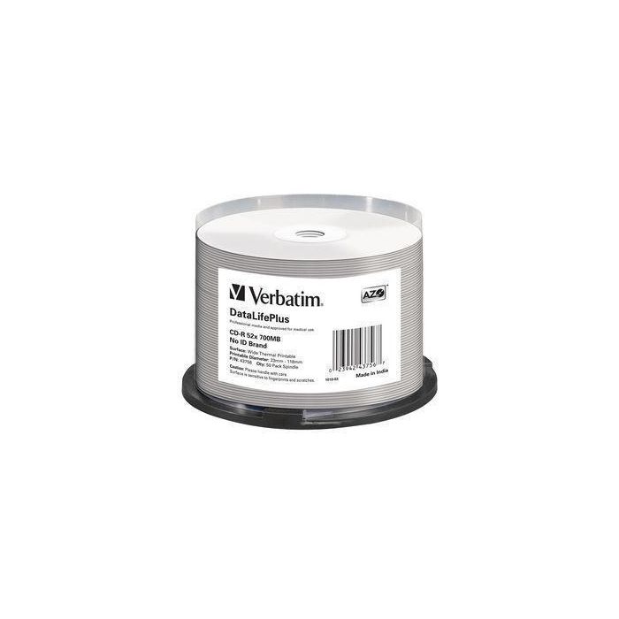 Verbatim Cd-R, 700Mb, 52X, Datalifeplus Wide Thermal Professional 50 Pack Spindle - No Id Brand Print Area: 23-118 mm Verbatim Cd-R, 700Mb, 52X, Datalifeplus Wide Thermal Professional 50 Pack Spindle - No Id Brand Print Area: 23-118 mm