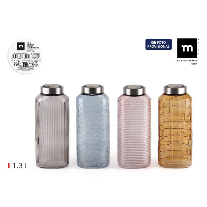 Botella de vidrio pintada 1.3L con tapa de acero - Inde (12 Unidades) Botella de vidrio pintada 1.3L con tapa de acero - Inde (12 Unidades)