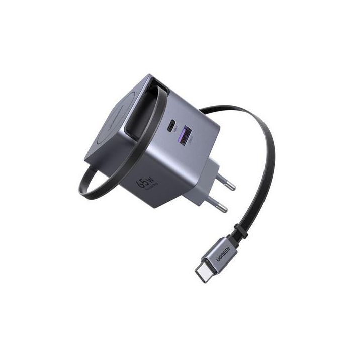 UGREEN 65825 Cargador Rápido GaN 65W con Cable Retráctil Gris