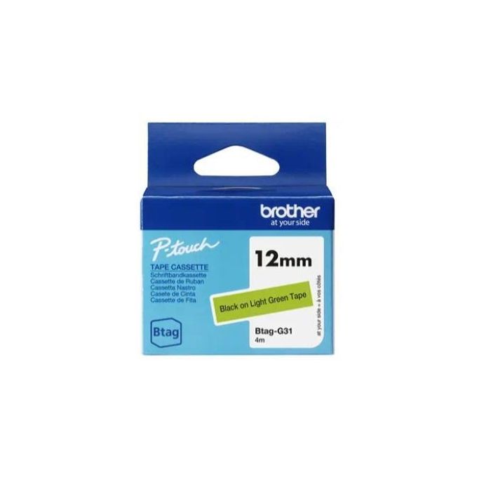 Brother Cinta Doméstica Btag Negro Sobre Verde 12 mm x 4 M Compatible con Impresoras Ptn10, Ptn20, Ptn25Bt para Etiquetadoras