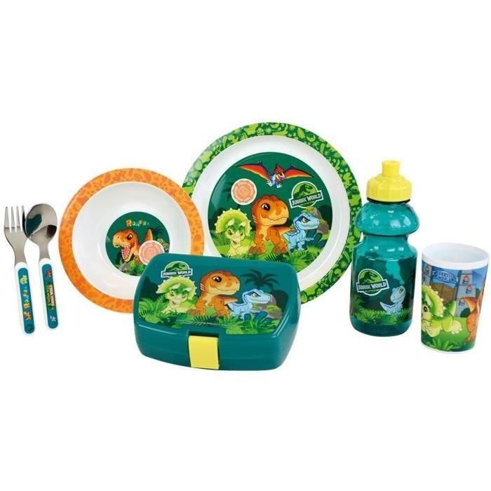 Juego de Vajilla Infantil Jurassic - FUN HOUSE - 006322 - Vaso, Plato Hondo, Plato Llano, Cubiertos, Botella y Caja para Merienda