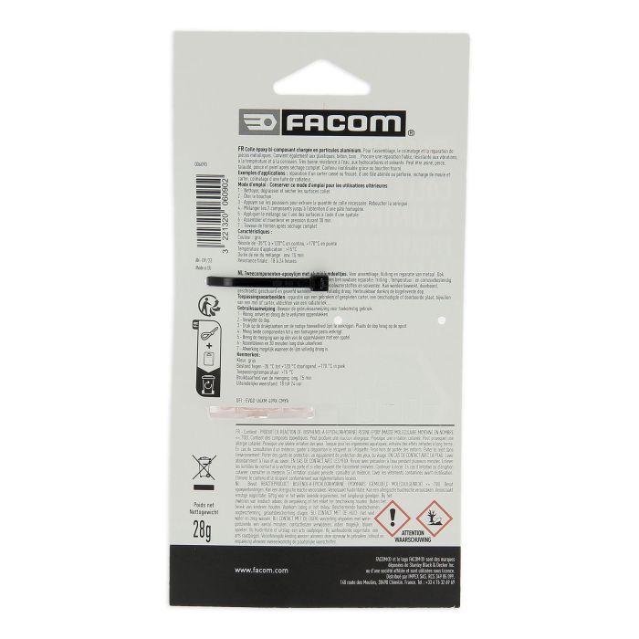 Facom Adhesivo Epoxi Bicomponente con Partículas de Aluminio - Fuerte y Duradero para Metal, Plástico, Hormigón y Madera - Jeringa 28g 3 Facom Adhesivo Epoxi Bicomponente con Partículas de Aluminio - Fuerte y Duradero para Metal, Plástico, Hormigón y Madera - Jeringa 28g 3