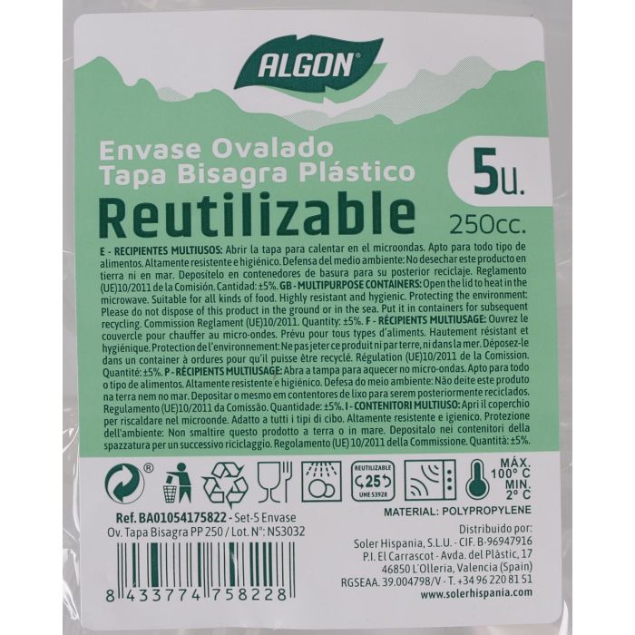 Set de 5 envases ovalados con tapa bisagra PP 250 ml - Algon (10 Cajas) 3 Set de 5 envases ovalados con tapa bisagra PP 250 ml - Algon (10 Cajas) 3