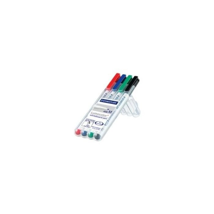 STAEDTLER Rotuladores Pizarra Blanca Lumocolor 301 WP4 Punta Fina Colores Surtidos (Negro, Azul, Verde, Rojo) 4 Unidades