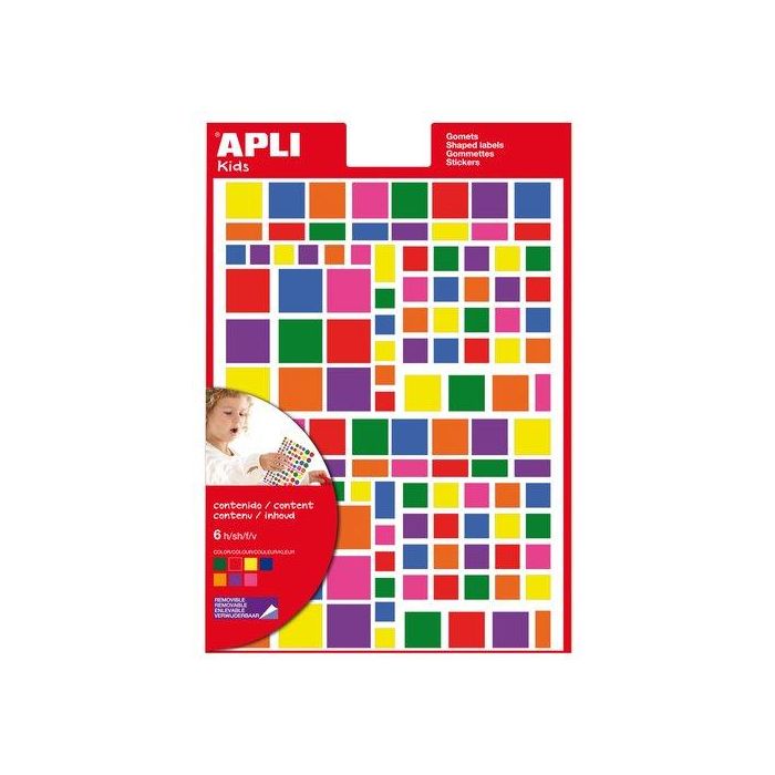 Apli Gomets autoadhesivos formas surtidas multicolor, círculos, cuadrados y triángulos, blíster de 6 hojas