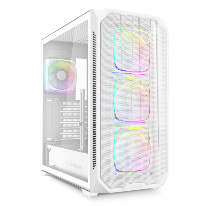 Sharkoon AK5M RGB Torre Midi ATX Blanca con Panel Cristal Templado y Malla, 4 Ventiladores PWM RGB 120mm, Soporte Dual Radiador 360mm
