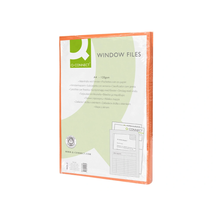 Q-connect Subcarpeta Cartulina A4 Naranja con Ventana Transparente 120 g/m² 10