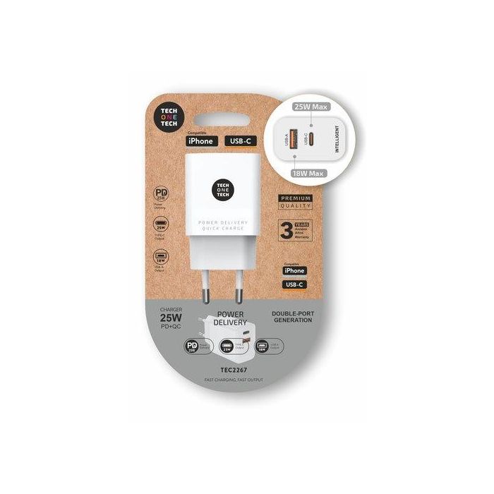 Tech One Tech Cargador ultrarrápido 25W USB-C + USB-A PD, Blanco