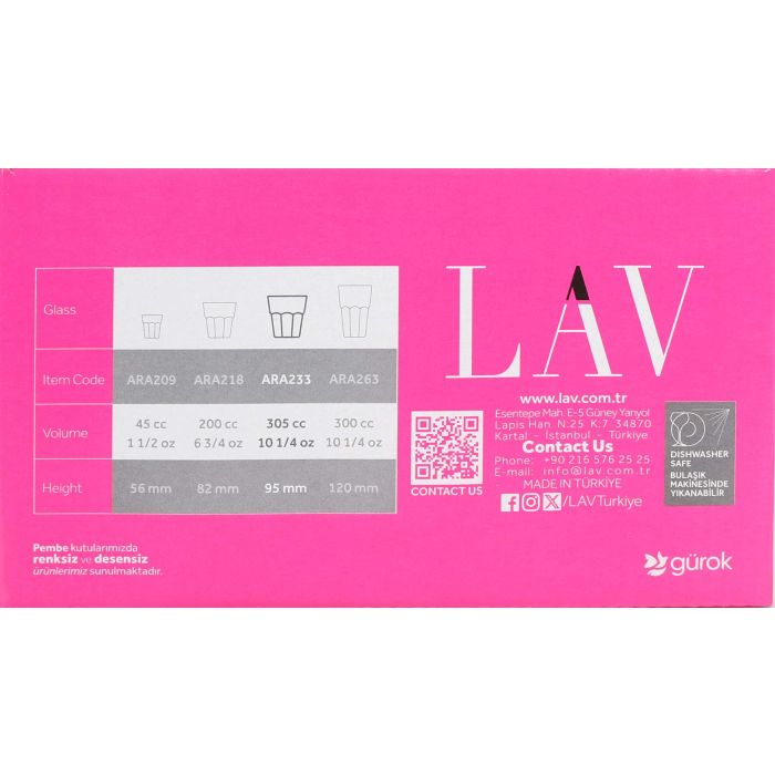 Lav Set de 6 Vasos para Agua de la Colección Aras, 305 cc, Ø 8.7 x 9.5 cm (8 Cajas)