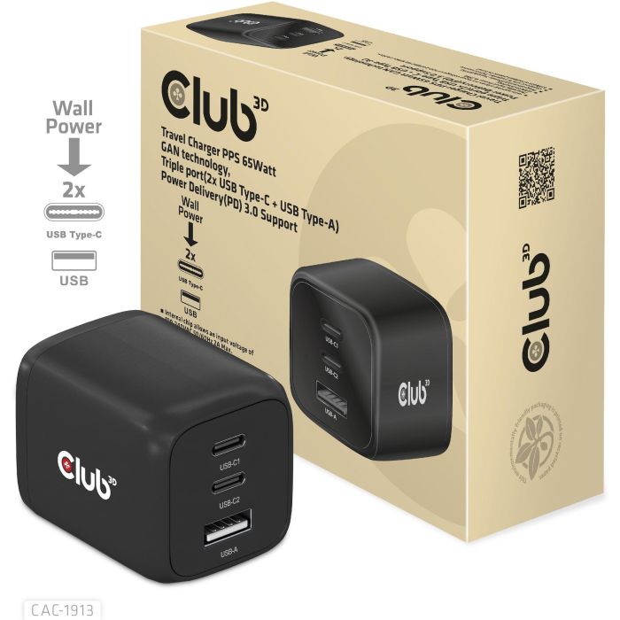 Club3D Ladegerät 2xUSB Typ C. 1xUSB Typ A. PD 65W. GaN retail 9