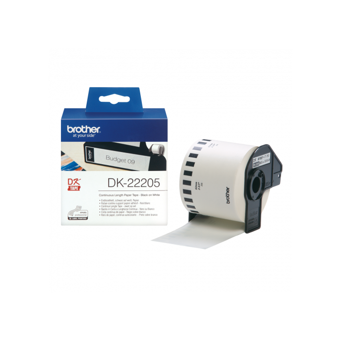 Brother DK22205 Rollo de Etiquetas Continuas Originales de Papel Blanco Adhesivo Fuerte Permanente para Impresoras QL