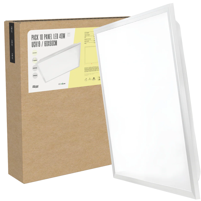 BX3 LIGHT Pack de 10 Paneles LED Modulares 600x600, 40W, 4000K, Empotrable Techo Desmontable, para Oficinas BX3-LP-40W-U19-W