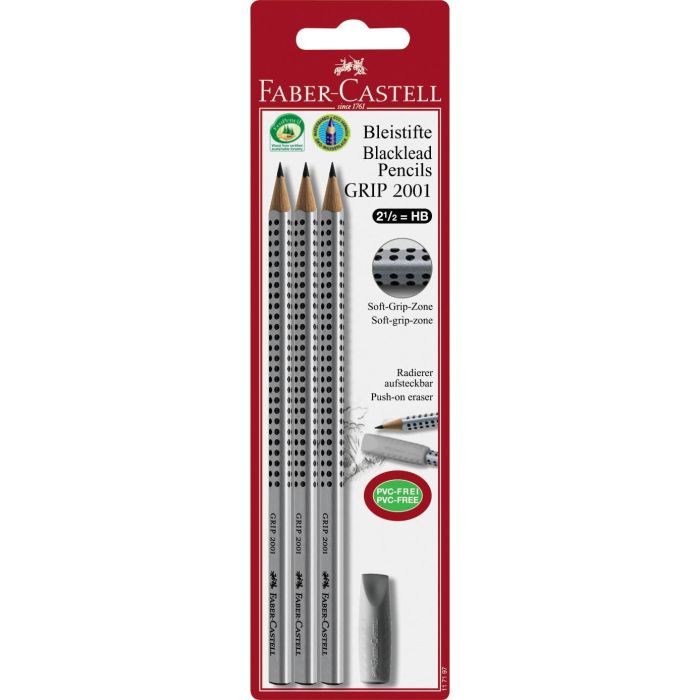 FABER-CASTELL Grip 2001 34197 Lápices HB Negros y Plata (3 unidades) con Borrador Blister