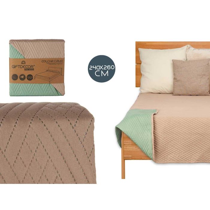 Colcha Reversible Giftdecor 240x260 cm - Natural/Verde, 100% Poliéster (6 Unidades)