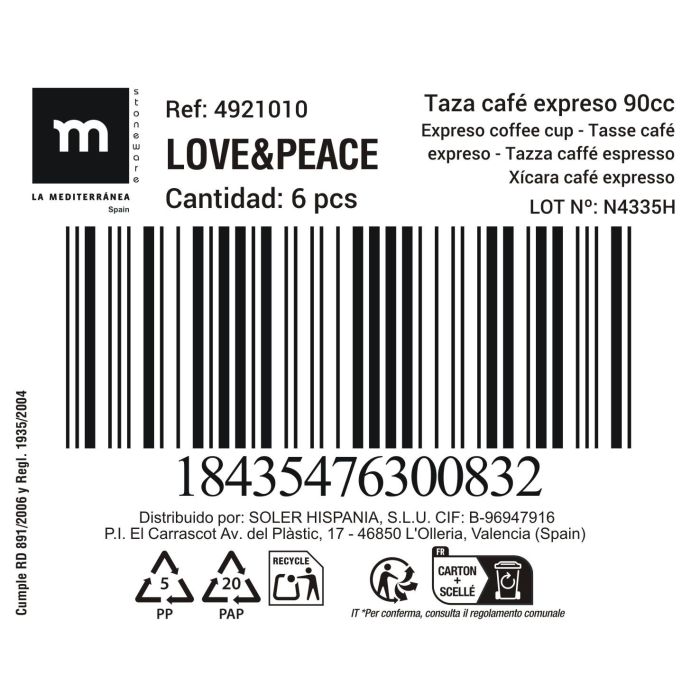 Taza de Café Expreso Love&Peace 90 cc - Inde (36 Unidades) 1 Taza de Café Expreso Love&Peace 90 cc - Inde (36 Unidades) 1